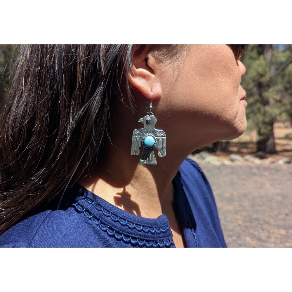 Navajo Thunderbird Golden Hills Turquoise Earrings Handmade NA Sterling Jewelry* - Picture 6 of 11